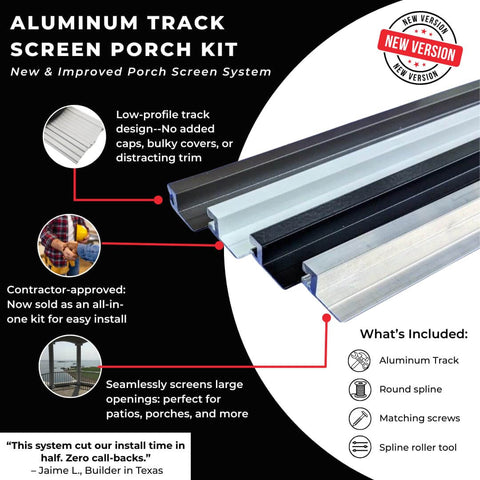 Aluminum Track Porch Screen Kit for DIY Screened In Porch and Patio Upgrade with 94 Inch Extruded Track five sticks, screws visible.