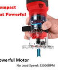 Compact Palm Wood Router Kit With 32000 RPM Power, handheld view highlighting motor speed, Quick Release Lock System