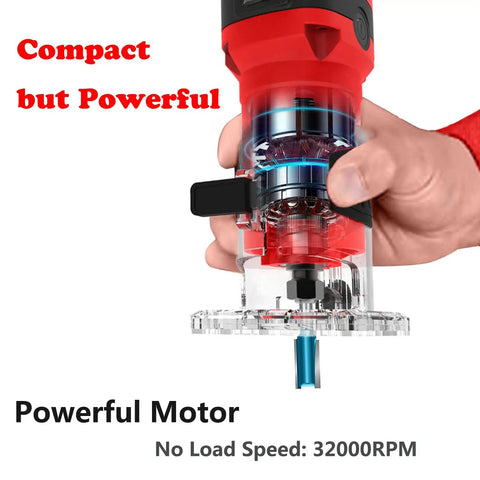 Compact Palm Wood Router Kit With 32000 RPM Power, handheld view highlighting motor speed, Quick Release Lock System