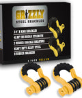 Beefed-Up Heavy Duty Three Quarters Inch D Ring Shackles Set Forged Steel Tow And Winch Shackles Four Point Seven Five Ton Load Capacity Two Pack Off Road Recovery Gear Yellow Powder Coat With Isolators packaging and shackles with rubber isolators displayed