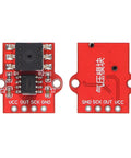 Two red ALMOCN 3.3–5V digital barometric pressure sensor modules; front and back views showing VCC OUT SCK GND pins
