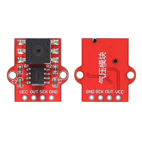 Two red ALMOCN 3.3–5V digital barometric pressure sensor modules; front and back views showing VCC OUT SCK GND pins