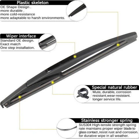 Heavy Duty Rear Wiper Arm Blade Replacement For Gmc Acadia Saturn Outlook 2007 To 2012 Oem Style showing features like plastic skeleton and rubber blade.