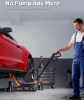 Man using Electric Floor Jack 3 Ton Low Profile With One Touch Lift, 6000 Lbs Capacity in garage to lift red car