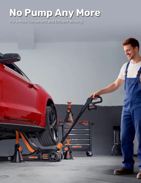 Man using Electric Floor Jack 3 Ton Low Profile With One Touch Lift, 6000 Lbs Capacity in garage to lift red car
