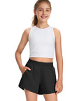 Model wearing Girls Athletic Shorts With Liner Quick Dry Running Soccer Shorts With Zip Pockets For Kids Active Sports Volleyball 11 To 12 Years Black