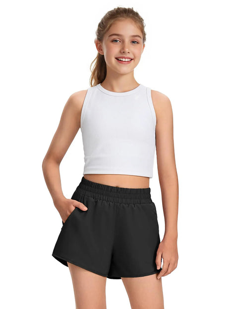 Model wearing Girls Athletic Shorts With Liner Quick Dry Running Soccer Shorts With Zip Pockets For Kids Active Sports Volleyball 11 To 12 Years Black