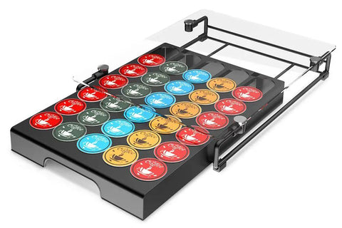 Glass Top Coffee Pod Drawer Organizer For K Cup Pods Holds 35 Pods With 5 Rows Of Slots And A Bonus 2 Pod Slot Slide Out Design