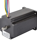 NEMA 24 stepper motor with 8-wire cable, black housing, front shaft visible.