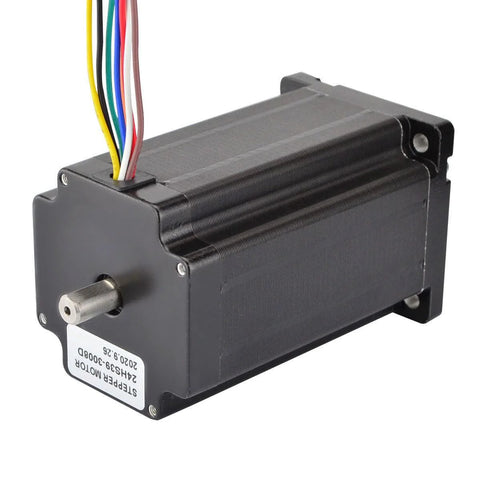 NEMA 24 stepper motor with 8-wire cable, black housing, front shaft visible.