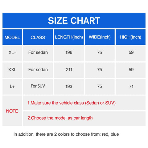 Size chart for All Weather Waterproof 6 Layer Exterior Cover For Sedans And SUVs With Zipper Mirror Pocket UV Sun