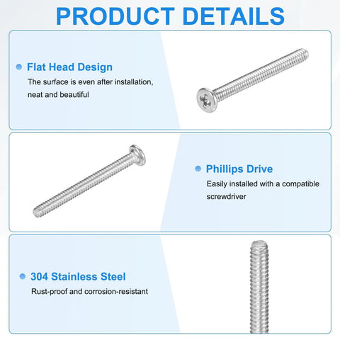 No Fuss Flat Head Machine Screws M1.4X14MM 304 Stainless Steel Phillips Drive showcasing flat head, labeled features for precision tech builds.