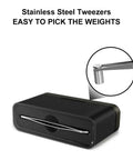 210g Calibration Weights Kit, 9 Piece High Precision Set With Stainless Tweezers shown with ABS storage case