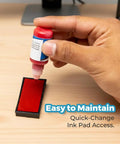 Copy By Date Self Inking Rubber Stamp Featuring Slick Red Ink Flow and Transparent Bottom for Your Daily Office Grind No Sweat Reinkable Tool in use with ink pad.