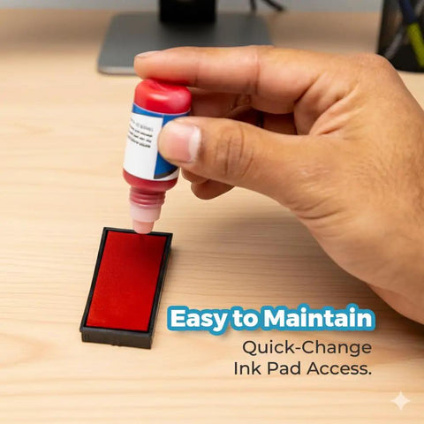 Copy By Date Self Inking Rubber Stamp Featuring Slick Red Ink Flow and Transparent Bottom for Your Daily Office Grind No Sweat Reinkable Tool in use with ink pad.
