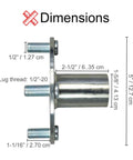 Premium 4X4 Go Kart Live Axle Hubs 2 Pack with detailed dimensions, showing steel build and sizing for eight inch wheels.