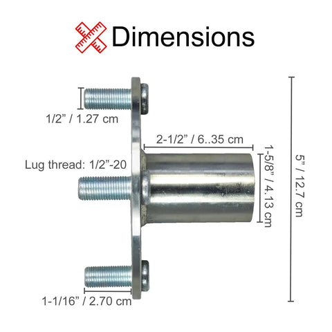 Premium 4X4 Go Kart Live Axle Hubs 2 Pack with detailed dimensions, showing steel build and sizing for eight inch wheels.
