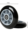 Two 100mm FREEDARE scooter wheels with grey polypropylene hubs and black polyurethane tires, ABEC-7 bearings.