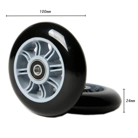Two 100mm FREEDARE scooter wheels with grey polypropylene hubs and black polyurethane tires, ABEC-7 bearings.