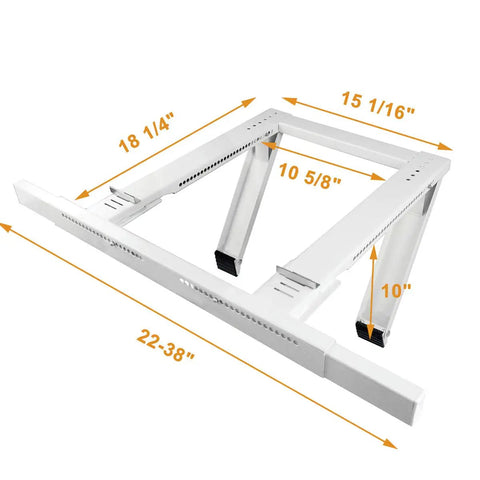 Tool Free No Drilling Window AC Bracket, adjustable size display, dimensions marked for single or double hung windows.