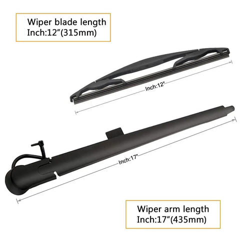 Fresh Rear Wiper Arm And Blade Direct Swap For Cadillac Escalade GMC Yukon Chevy Tahoe And Suburbans showing 12" wiper blade and 17" arm dimensions.