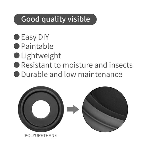 Two Pack Molded PU Ceiling Medallions For Light Fixtures And Pendants With 10 Inch Outer Diameter 4 Inch Inner Diameter And 1 Inch Projection Easy Install Fits Canopies Up To 7.25 Inches Black highlighting features