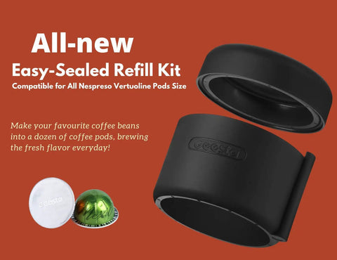 Refill Kit For Nespresso VertuoLine Pods With Reusable Capsule Holder displayed on red background