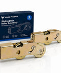 Zero Hassle Sliding Door Roller Assembly Replacement Kit Featuring Dead Smooth Ball Bearing Steel Wheels And No Fuss Track Hardware For Patio And Closet Doors Two Pack - Two roller assemblies and packaging.