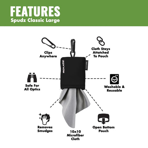 Front view of Spudz Classic Large microfiber cloth screen cleaner in black pouch with a 10x10 gray microfiber cloth.