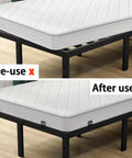 Set Of Six Anti Slip Mattress Holders For Metal Bed Frames, Heavy Duty Rubber Sliders shown in before and after use on a mattress.