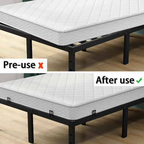 Set Of Six Anti Slip Mattress Holders For Metal Bed Frames, Heavy Duty Rubber Sliders shown in before and after use on a mattress.