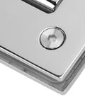 Close-up of 90 Degree Frameless Glass Door Hinge with Self Closing Hydraulic Damping, stainless steel, heavy-duty screw detail.