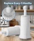 Must Have Replacement Water Filters Straight Up Knocking Out Hard Water Scale Keeping Espresso Shots Crystal Clear, white filters with replaceable indicator.