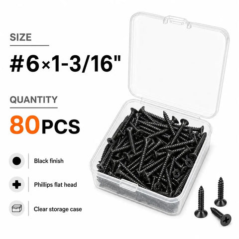 Self Tapping Wood Screws #6 x 1-9/16 in Black Flat Head with Phillips Drive in storage case