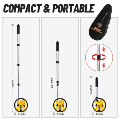 Zozen 6-Inch Measuring Wheel in Feet and Inches, Extended Telescopic Handle with compact design and portable case.