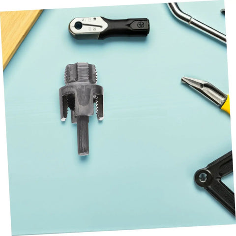 Pro Grade 3pc Pipe Threader Tool Kit For Plumbers Compatible With Electric Drill Steel Pipe Threading bit cutter on blue background.
