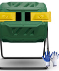 43 Gallon Green Dual Chamber Garden Compost Bin With 360 Degree Rotating Tumbler Easy Open Door And Large Openings No Fuss Hands Free Turning Durable Iron And PP Construction For Simple Scraps Management with gloves and screwdriver included.