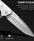 3.6 Inch D2 Steel Pocket Knife For Men With G10 Handle Dope Do It All EDC Folding Knife For Everyday Carry Strong Edge Retention Textured Grip Smooth Flipping Action, close-up D2 blade with titanium coating