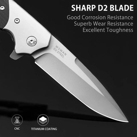 3.6 Inch D2 Steel Pocket Knife For Men With G10 Handle Dope Do It All EDC Folding Knife For Everyday Carry Strong Edge Retention Textured Grip Smooth Flipping Action, close-up D2 blade with titanium coating