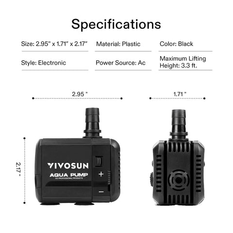 VIVOSUN 210 GPH submersible water pump, black; front and side views showing Aqua Pump label.