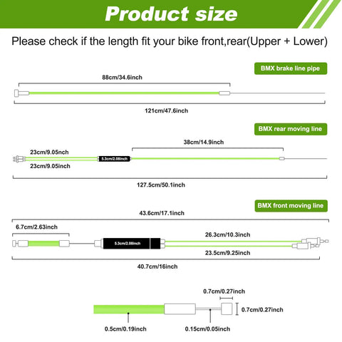 Product size chart for Durable BMX Gyro Brake Cable Set Front And Rear With Spinner Rotor, Upper And Lower Cables