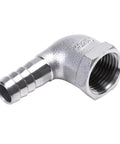 Stainless steel 1/2 in hose barb to 1/2 in female NPT 90-degree elbow pipe fitting.