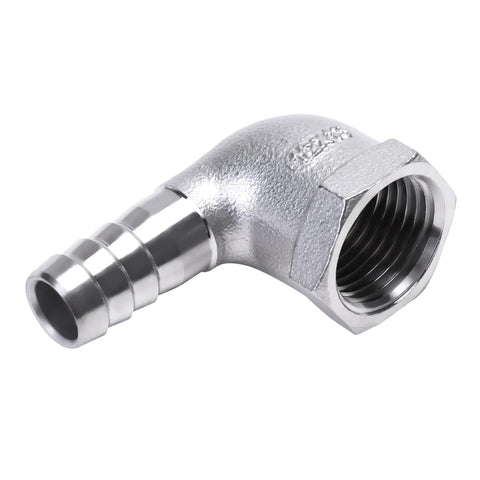 Stainless steel 1/2 in hose barb to 1/2 in female NPT 90-degree elbow pipe fitting.