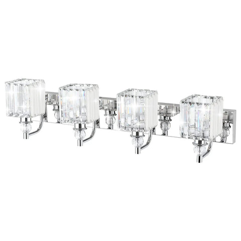 Modern Crystal Vanity Light For Bathroom 4 Light Chrome Wall Fixture Over Mirror 31.5 Inch with clear crystal shades