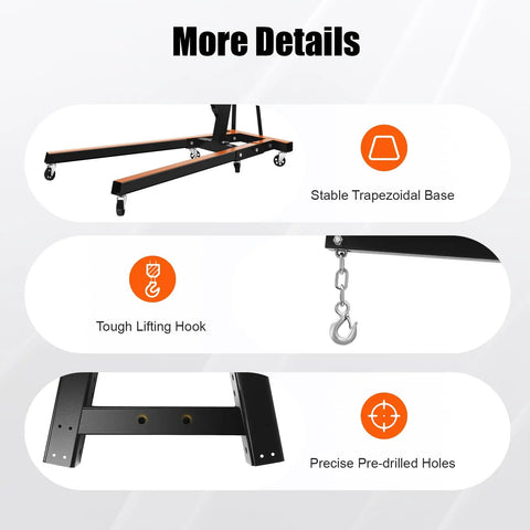 Premium Heavy Duty Folding Hydraulic Engine Crane Cherry Picker Hoist features stable trapezoidal base and tough lifting hook.