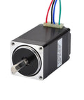 Front view of a NEMA 11 bipolar micro stepper motor, black housing with silver faceplate, 4-wire connector