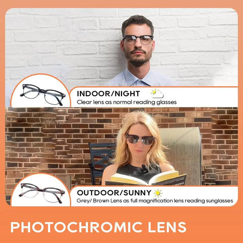Two Pack Photochromic Reading Sunglasses for Men and Women with 1.5 Diopter Magnification, indoors and outdoors use displayed