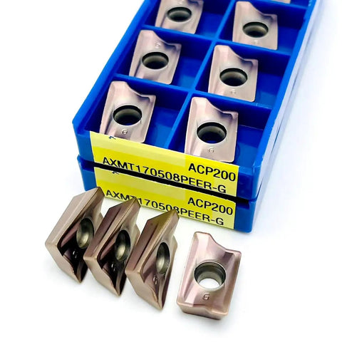 Ten Piece Internal Turning Tool Insert Set For CNC Lathe ACP200 AXMT170508G AXMT170508, visible inserts and packaging
