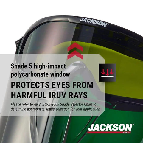 Flip Up Shield Safety Goggles With Anti Fog Lenses, Shade 5 IR Lens, close-up view showing protective features and branding