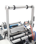 Rock Solid Semi Automatic Round Bottle Labeler Desktop Applicator showcasing sturdy aluminum frame and precision rollers for labeling.